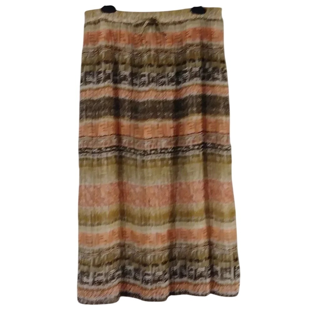 Samantha Grey Women 16 Maxi Skirt Elastic Waist Crinkle Pleat Striped Boho Brown